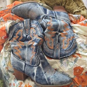 Denim Western Ankle Boots with Orange Embroidery